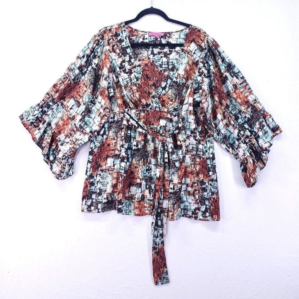 BETSEY JOHNSON Blouse Size XL Multicolor Artistic Abstract Parttern Wide Sleeves
